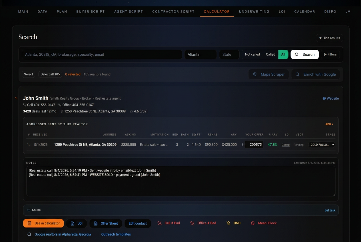 Anonymized wholesale real estate agent pipeline showing a pre-qualified Atlanta deal, offer data, CRM stage, notes, and outreach actions