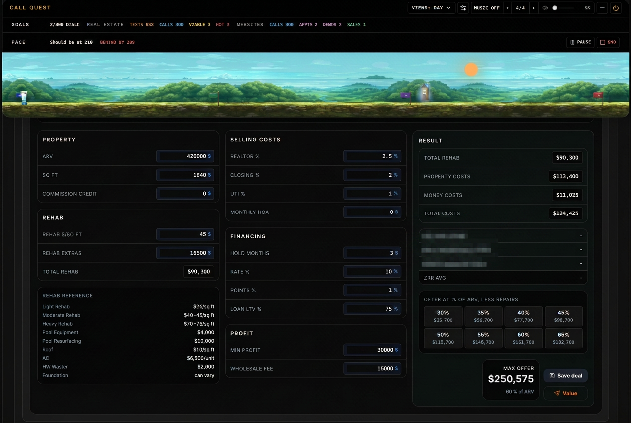 Automated valuation engine calculating ARV, rehab costs, financing, profit target, wholesale fee, and max offer
