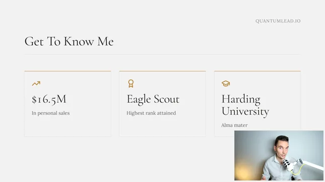 Wryland Reed founder bio slide for QuantumLead.io highlighting $16.5 million in personal sales, Eagle Scout rank, Harding University education, and annuity lead generation experience